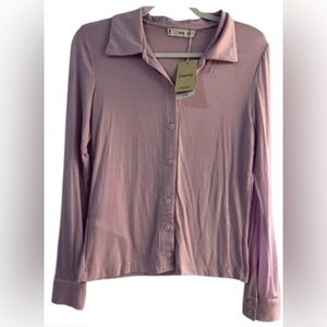 NWT Mango MNG women’s Medium long sleeve button up lightweight purple polo shirt